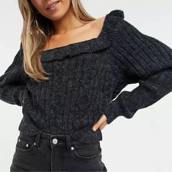 Topshop Sweaters - Topshop Charcoal Off-Shoulder Sweater